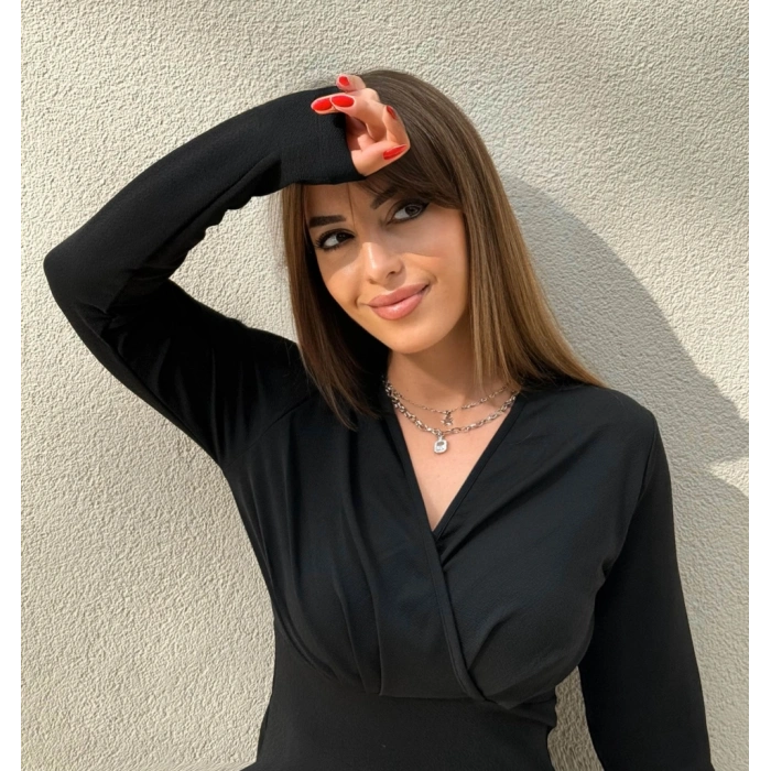 Kadın Uzun Kollu Kruvaze Yaka Krep Mini Boy Elbise