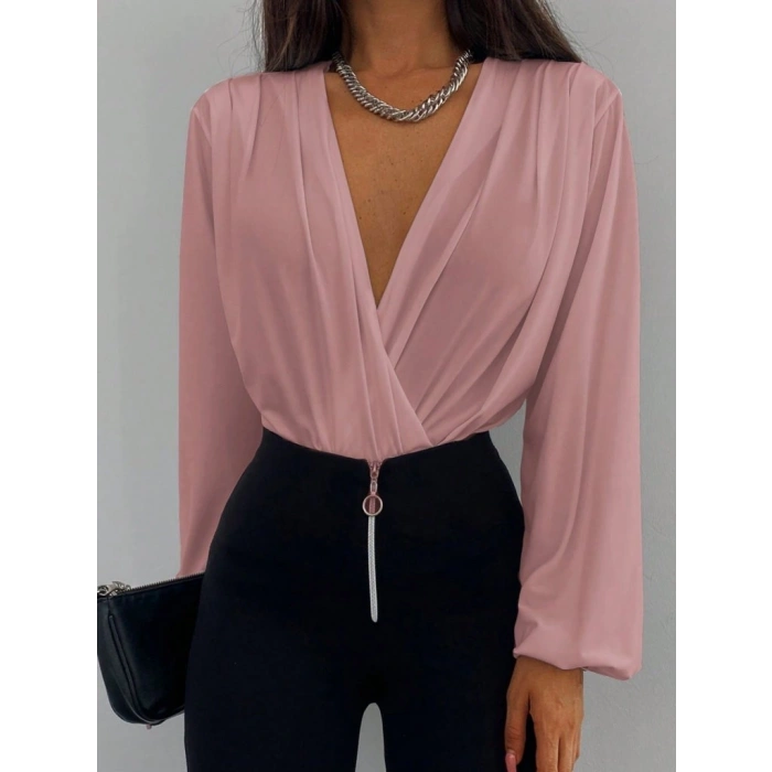 Kadın Uzun Kollu Kruvaze Yaka Sandy Bluz