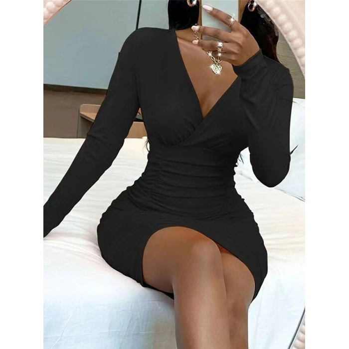 Kadın Uzun Kollu Kruvaze Yaka Sandy Mini Elbise