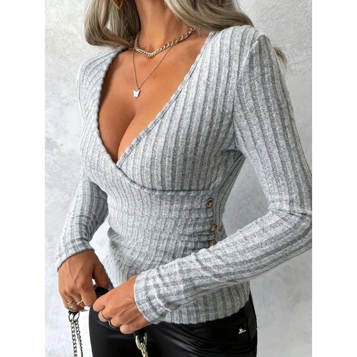 Kadın Uzun Kollu Kruvaze Yaka Yandan Düğme Detaylı şardonlu Kaşkorse Bluz