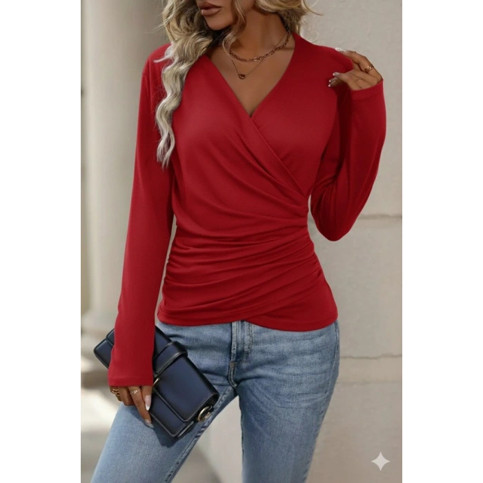 Kadın Uzun Kollu Kruvaze Yaka Yanlardan Büzgülü Viskon Bluz