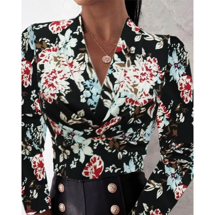 Kadın Uzun Kollu Kruvaze Yakalı Kelebek Desenli şardonlu Dalgıç Bluz