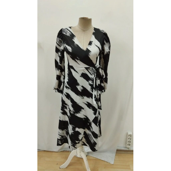 Kadın Uzun Kollu Kruvaze Yakalı Yandan Bağlamalı Desenli Mini Modal Elbise