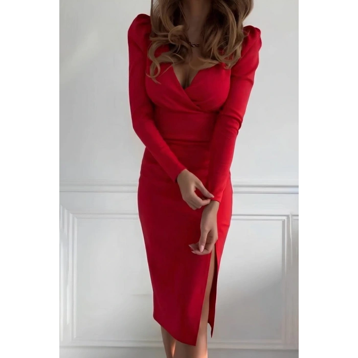 Kadın Uzun Kollu Kruvaze Yakalı Yandan Yırtmaçlı Belden Kuşaklı Midi Ithal Krep Elbise