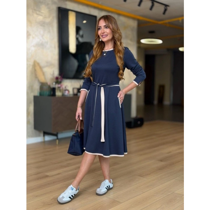 Kadın Uzun Kollu Kuşak Dahil Midi Boy Lbise