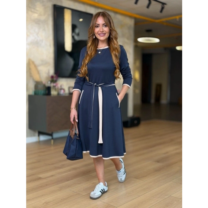 Kadın Uzun Kollu Kuşak Dahil Midi Boy Lbise