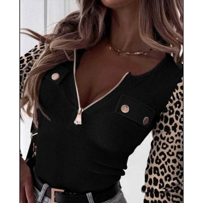 Kadın Uzun Kollu Leopar Desenli Fermuarlı önden Cep Ve Düğme Detaylı Kaşkorse Bluz