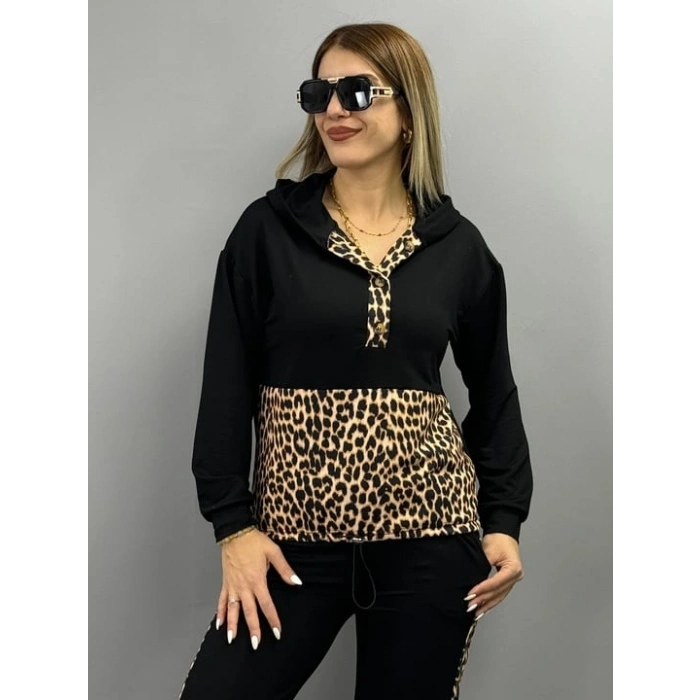 Kadın Uzun Kollu eopar Detay weat Ve Yanı eopar şerit Detay Pantolon Ikili Takım