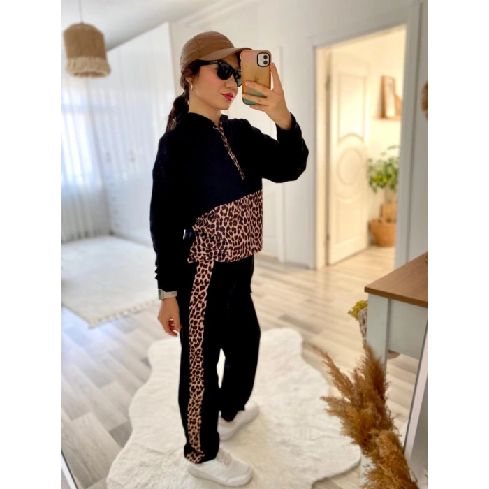 Kadın Uzun Kollu eopar Detay weat Ve Yanı eopar şerit Detay Pantolon Ikili Takım