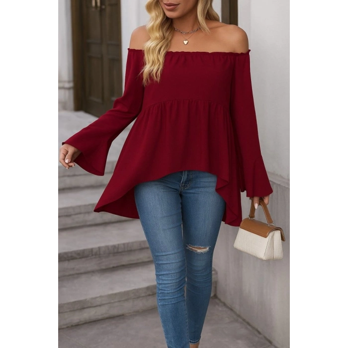 Kadın Uzun Kollu Madonna Yaka Asimetrik Detaylı Kolları Ispanyol Viskon Bluz