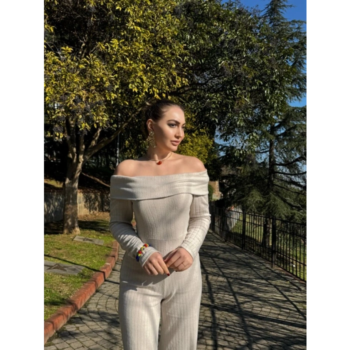 Kadın Uzun Kollu Madonna Yaka şardonlu Kaşkorse Tulum