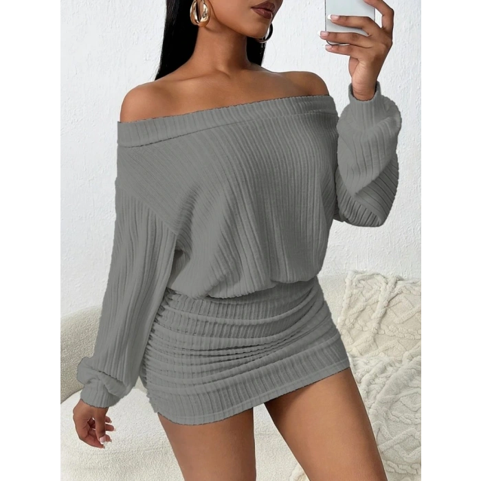 Kadın Uzun Kollu Madonna Yaka Yanlardan Büzgülü şardonlu Kaşkorse Mini Elbise