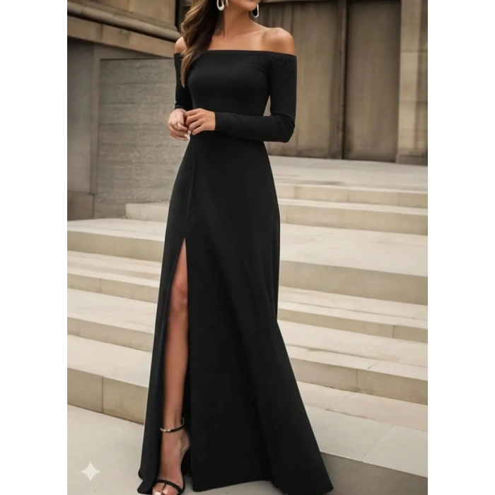 Kadın Uzun Kollu Madonna Yakalı Yırtmaç Detaylı Uzun Ithal Krep Elbise