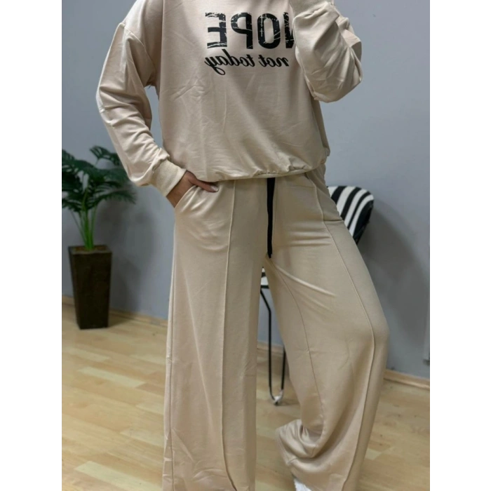 Kadın Uzun Kollu Nope Baskılı Beli Ribanalı Ikili Takım