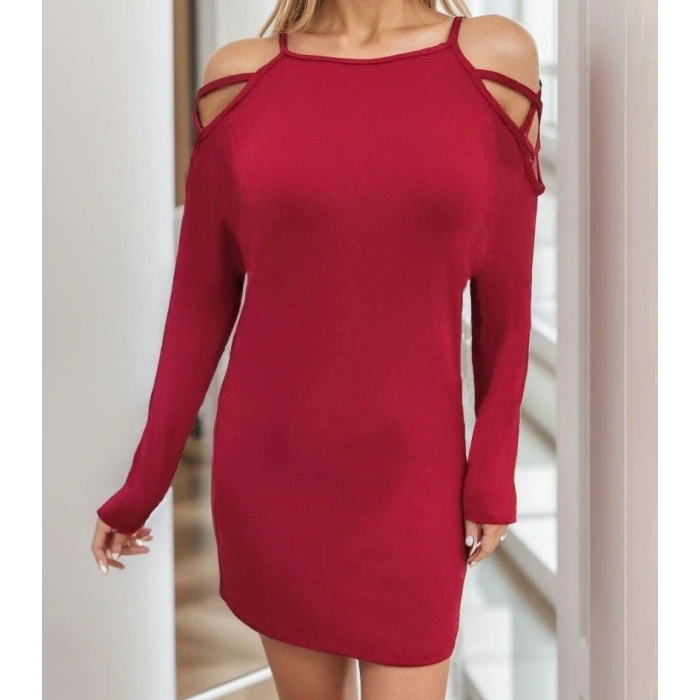 Kadın Uzun Kollu Omuz Açık Askı Detay Viskon Mini Boy Elbise