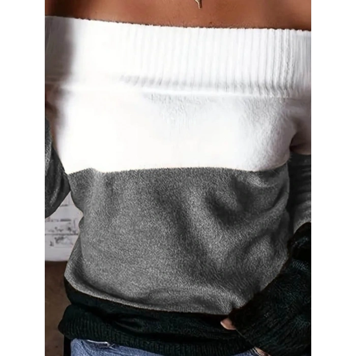 Kadın Uzun Kollu Omuzlardan Açık Uzun Kollu Blok çizgili Triko Bluz