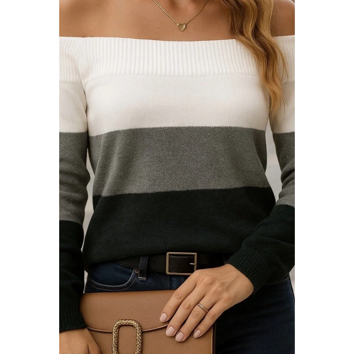 Kadın Uzun Kollu Omuzlardan Açık Uzun Kollu Blok çizgili Triko Bluz