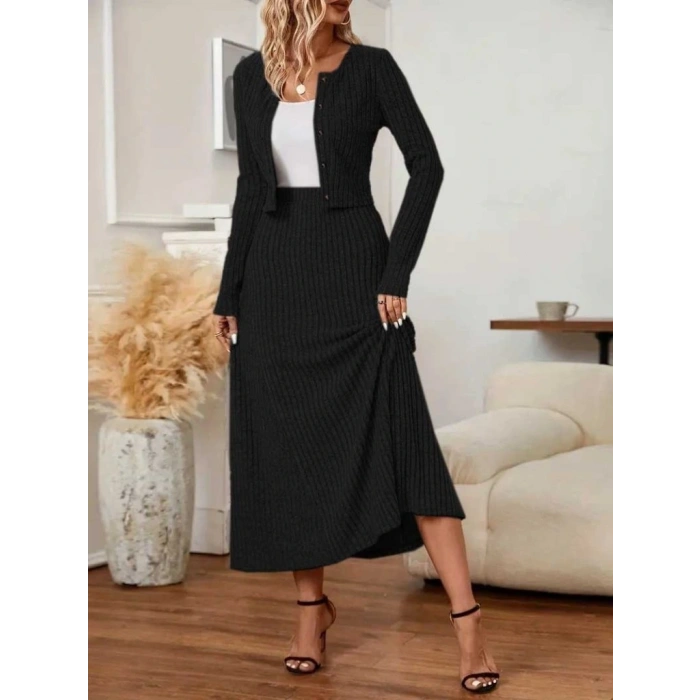 Kadın Uzun Kollu önden Düğmeli Bluz Ve Yüksek Bel A Kesim Uzun Etek şardonlu Kaşkorse Ikili Takım