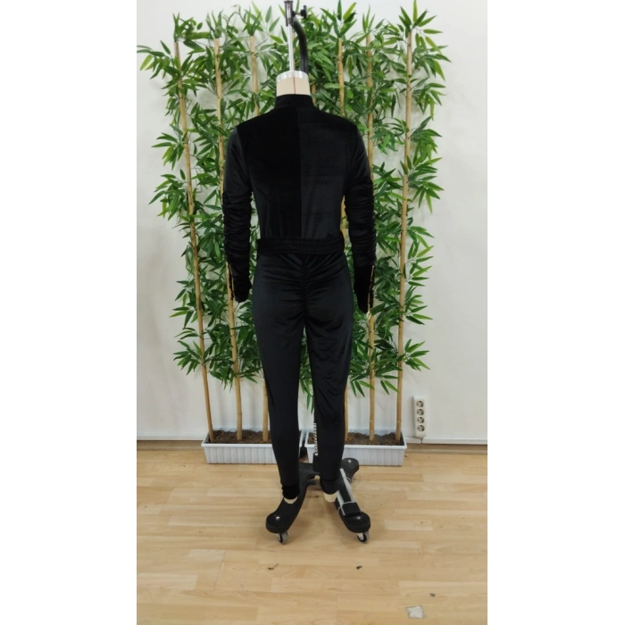 Kadın Uzun Kollu önden Fermuar Detaylı Kemerli Kadife Tulum