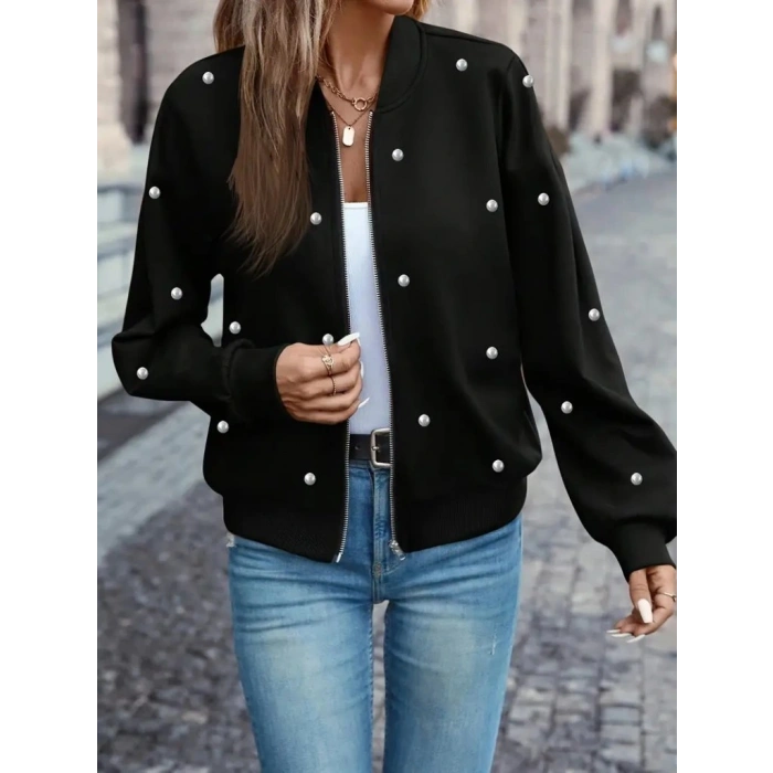Kadın Uzun Kollu önden Fermuarlı Incili Kısa Modal Ceket