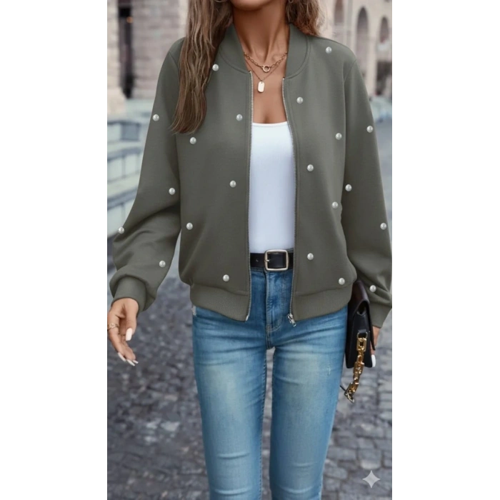 Kadın Uzun Kollu önden Fermuarlı Incili Kısa Modal Ceket