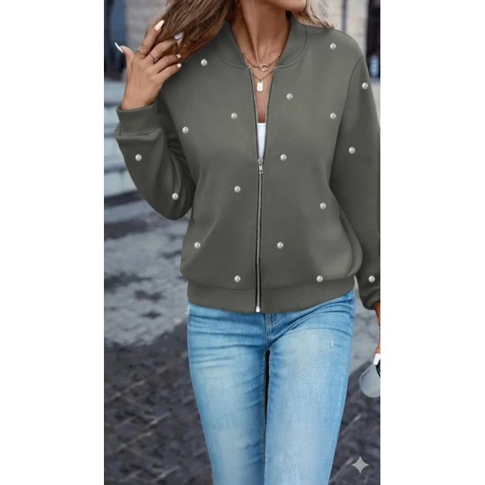 Kadın Uzun Kollu önden Fermuarlı Incili Kısa Modal Ceket