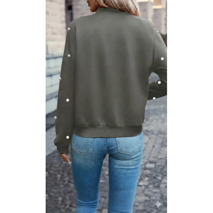 Kadın Uzun Kollu önden Fermuarlı Incili Kısa Modal Ceket