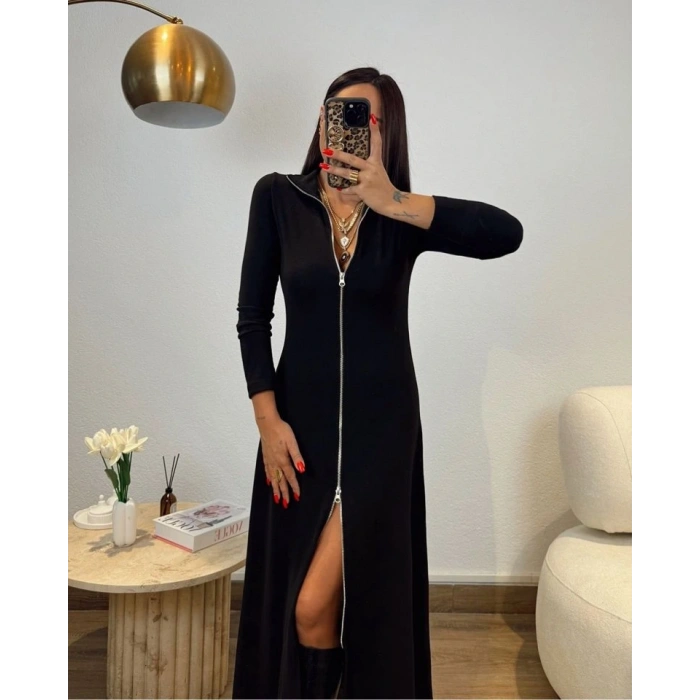 Kadın Uzun Kollu önden Fermuarlı Ithal Krep Elbise