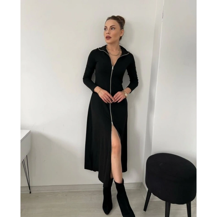 Kadın Uzun Kollu önden Fermuarlı Ithal Krep Elbise