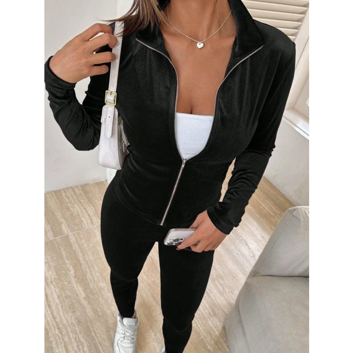Kadın Uzun Kollu önden Fermuarlı Kadife Bluz Ve Pantolon Ikili Takım