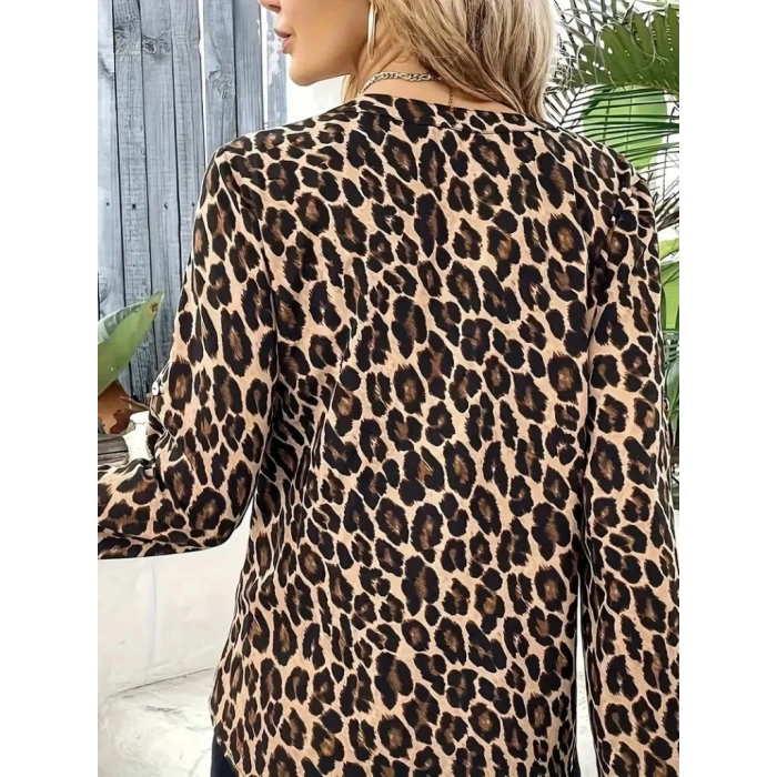 Kadın Uzun Kollu önden Fermuarlı Leopar Desenli Modal Bluz