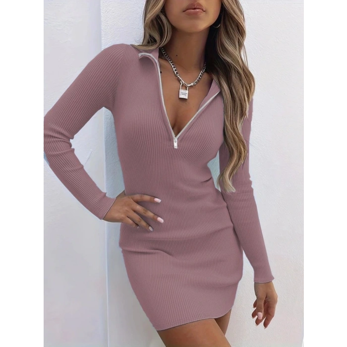 Kadın Uzun Kollu önden Fermuarlı Mini Kaşkorse Elbise