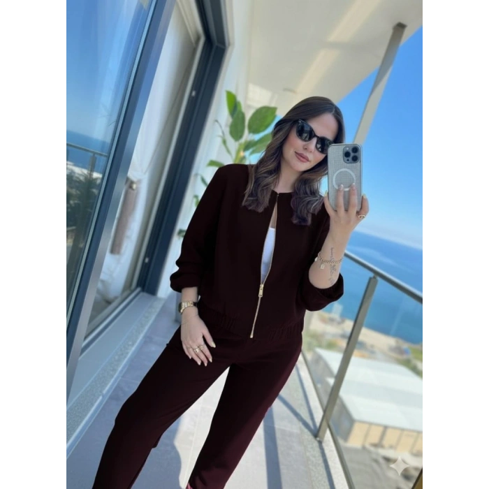 Kadın Uzun Kollu önden Fermuarlı Modal Ceket Ve Pantolon Ikili Takım