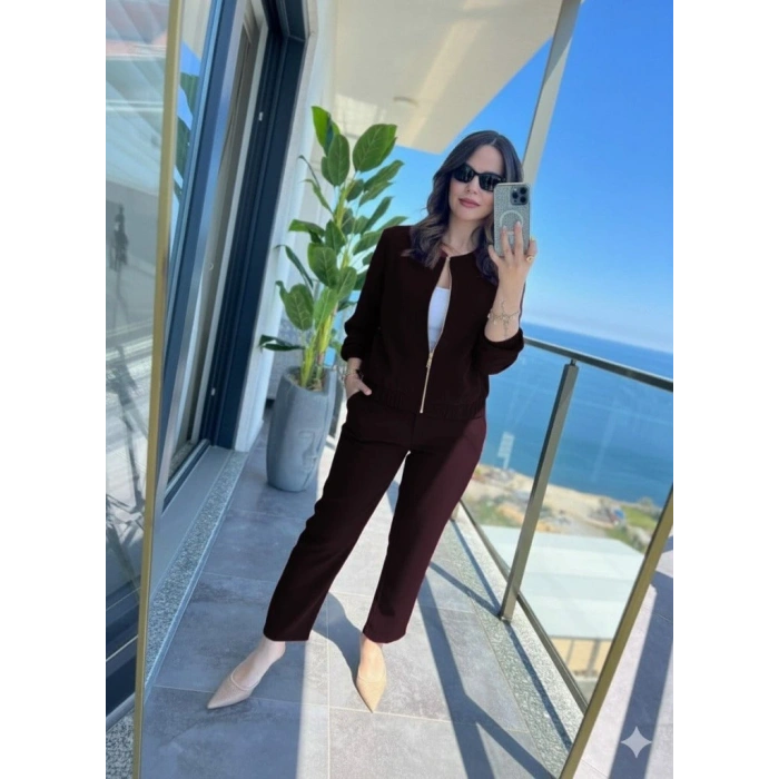 Kadın Uzun Kollu önden Fermuarlı Modal Ceket Ve Pantolon Ikili Takım