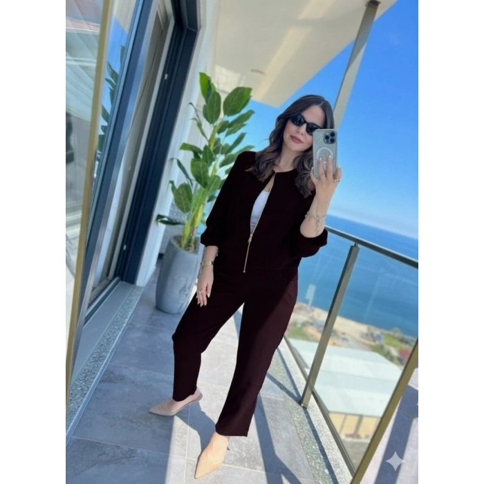 Kadın Uzun Kollu önden Fermuarlı Modal Ceket Ve Pantolon Ikili Takım