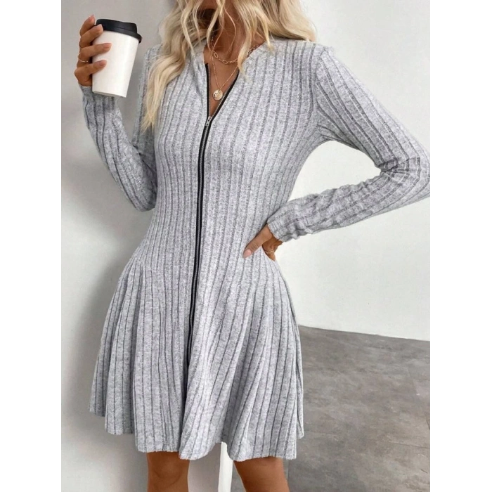 Kadın Uzun Kollu önden Fermuarlı Pileli şardonlu Kaşkorse Mini Elbise