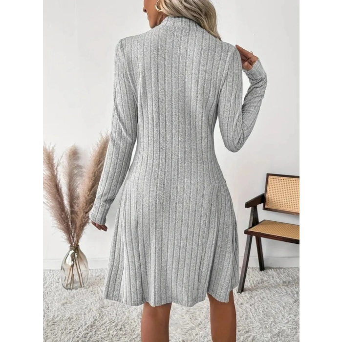 Kadın Uzun Kollu önden Fermuarlı Pileli şardonlu Kaşkorse Mini Elbise