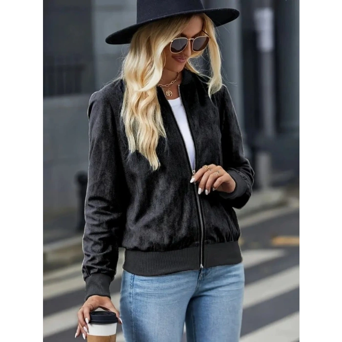 Kadın Uzun Kollu önden Fermuarlı Süet Ceket