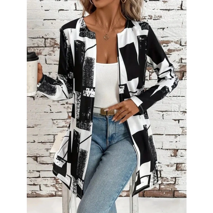 Kadın Uzun Kollu önü Açık Desenli Modal Kısa Ceket