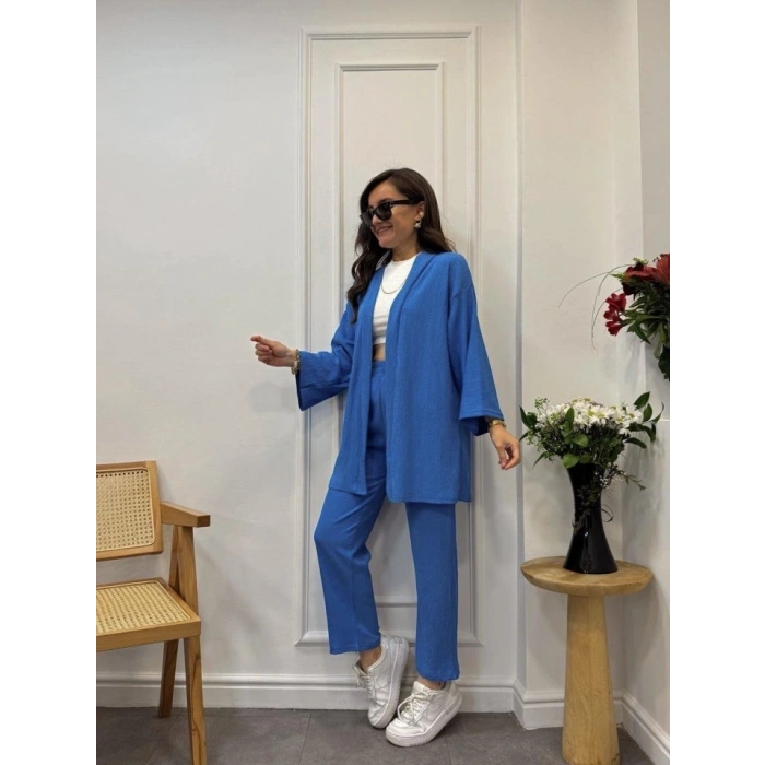 Kadın Uzun Kollu önü Açık Dokuma Ceket Ve Pantolon Ikili Takım