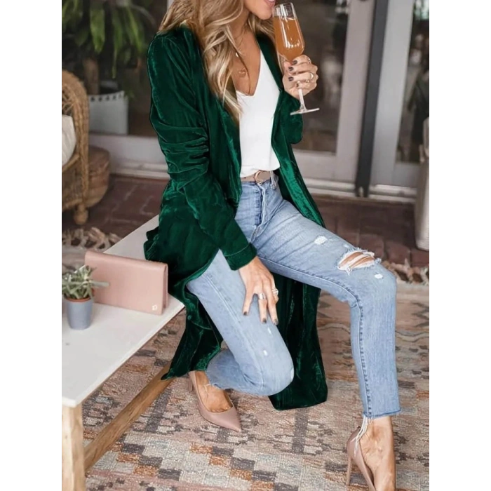 Kadın Uzun Kollu önü Açık Kolları Uzun Midi Ceket