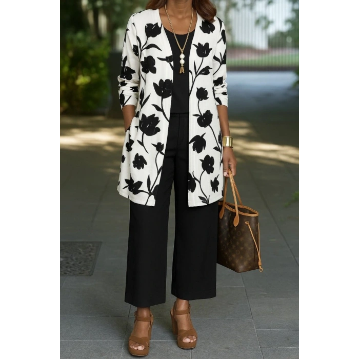 Kadın Uzun Kollu önü Açık Modal Ceket Kolsuz Viskon Iki Iplik Bluz Ve Pantolon üçlü Takım