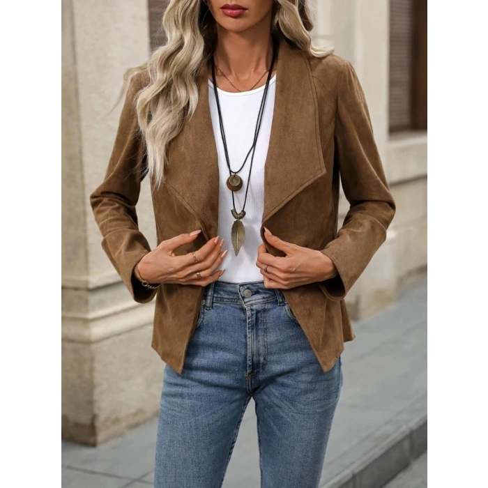 Kadın Uzun Kollu önü Açık Yakalı Süet Ceket