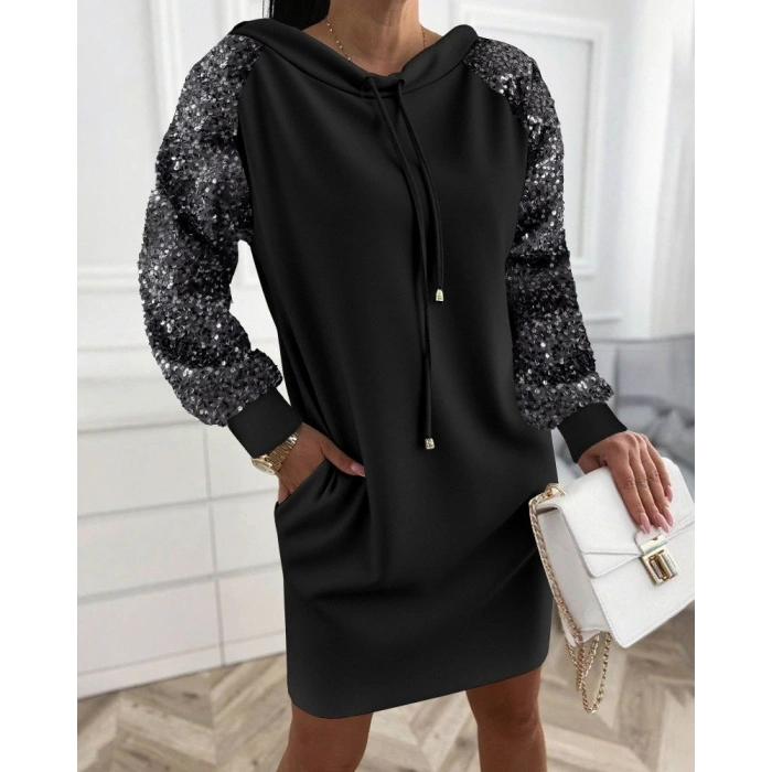 Kadın Uzun Kollu Pulpayetli Bağcıklı Cep Detaylı Mini Viskon Iki Iplik Elbise