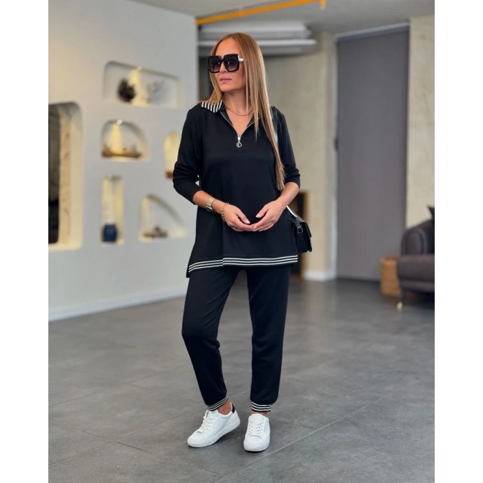 Kadın Uzun Kollu Ribana Ve Fermuar Detay Bluz Ve Yüksel Bel Pantolon 2li Takım