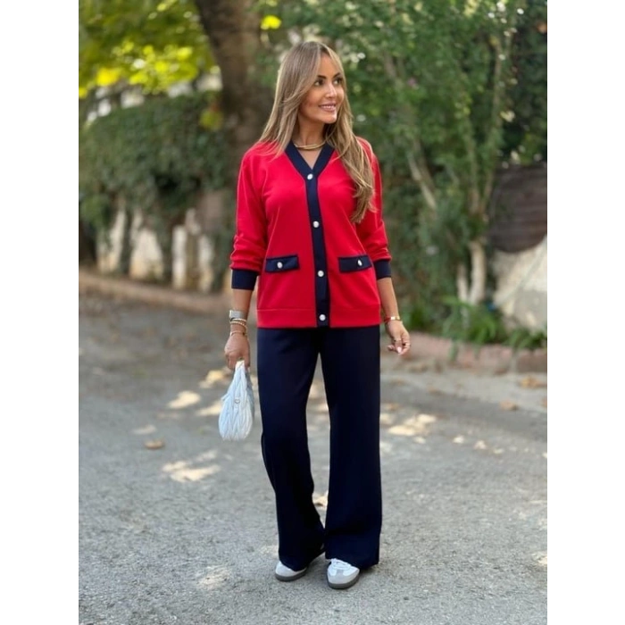 Kadın Uzun Kollu Ribanali Cep Detay Hırka Ve Bol Paça Pantolon Ikili Takım