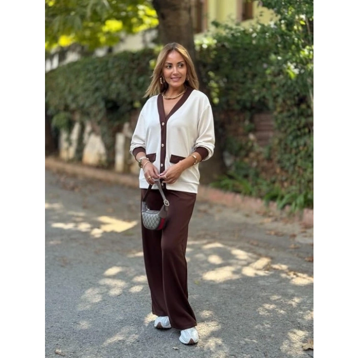 Kadın Uzun Kollu Ribanali Cep Detay Hırka Ve Bol Paça Pantolon Ikili Takım