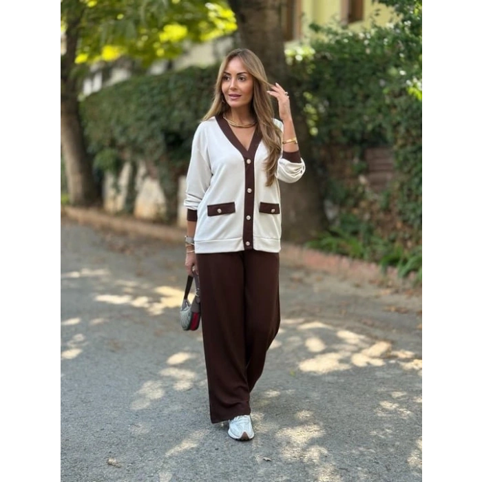 Kadın Uzun Kollu Ribanali Cep Detay Hırka Ve Bol Paça Pantolon Ikili Takım