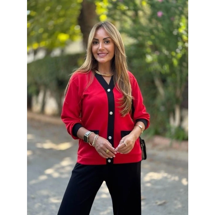 Kadın Uzun Kollu Ribanali Cep Detay Hırka Ve Bol Paça Pantolon Ikili Takım