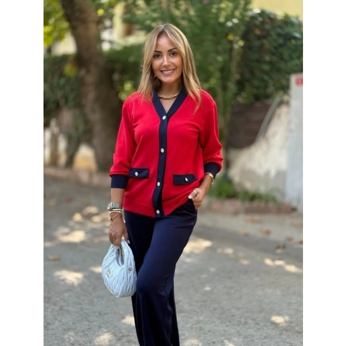 Kadın Uzun Kollu Ribanali Cep Detay Hırka Ve Bol Paça Pantolon Ikili Takım